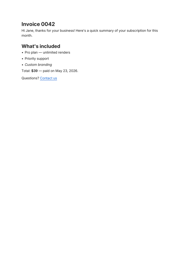 PDF de factura de ejemplo renderizado desde la solicitud Markdown